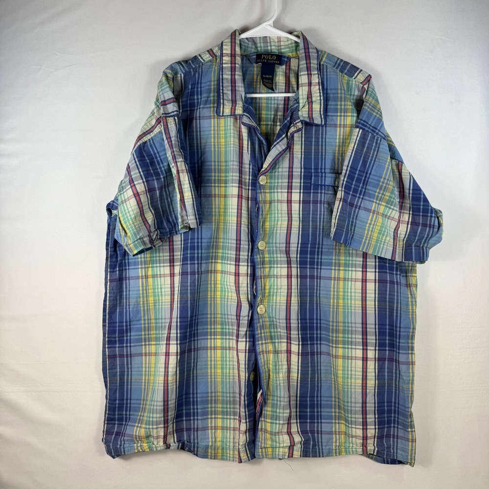 Polo Ralph Lauren Mens XL Plaid Short Sleeve Button Up Shirt Blue Yellow Cotton